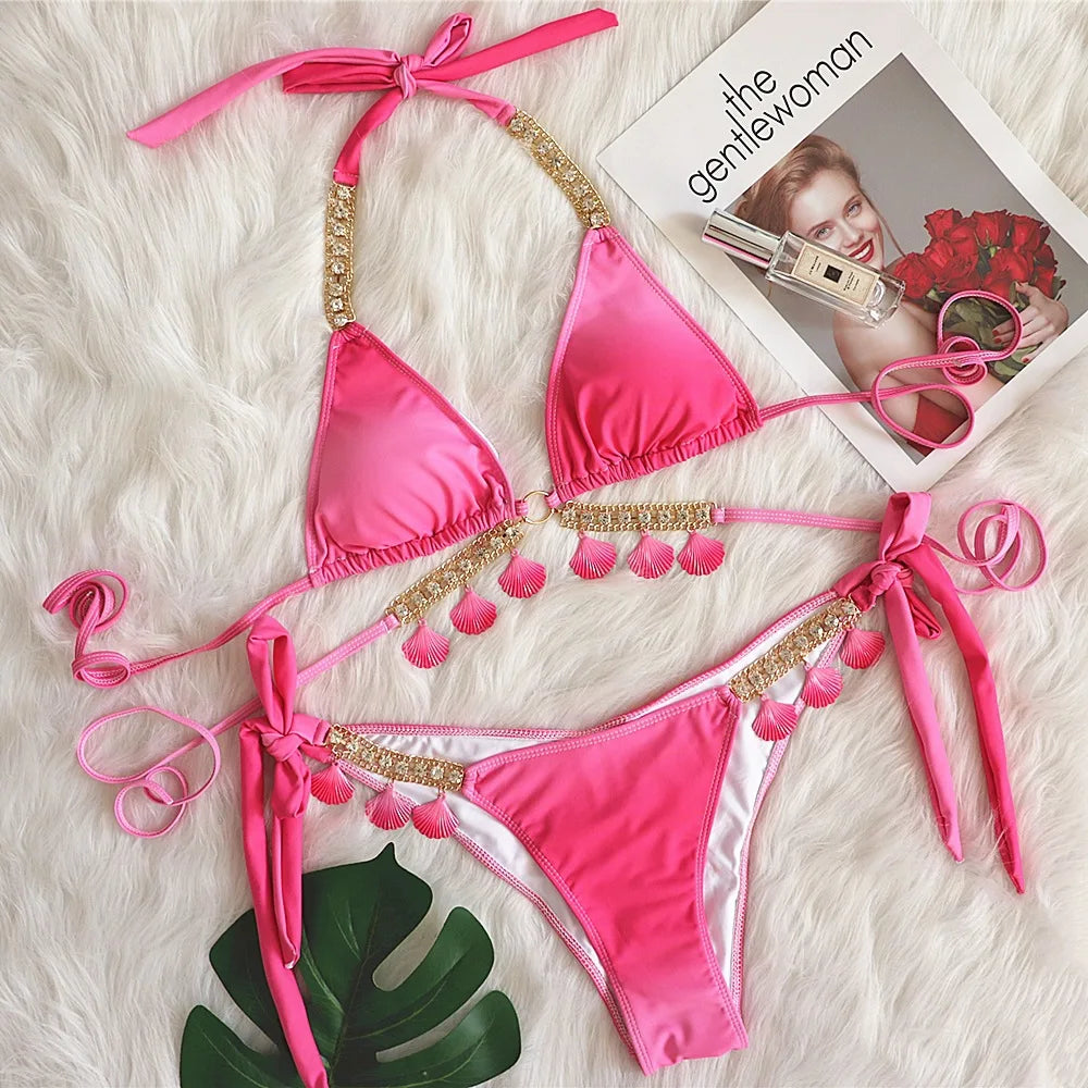 DEKA Shell Bikinis Sexy Swimsuit with Rhinestones Criss Cross Bikini Set Women Pink Push Up Bathing Suit Diamond Thong Swimwear