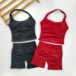 Yoga 2 Pieces Gym Set Women Backless Halter Tops High Waist Seamless Shorts Gym Suit Fitness Sports Bras Sportswear Workout Sets