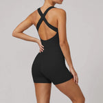 Cross Exposed Back Shaping Nude Yoga Jumpsuit Women Summer Sleeveless Pleate Slim Hip Lifting Short Sport Fitness One Piece Suit