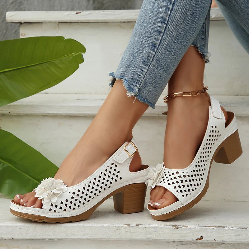 Fashion Flowers High Heels Sandals Women Back Strap Hollow Out Summer Sandles Woman 2025 Plus Size Thick Heeled Sandalias Mujer