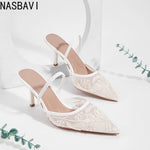 Brand Lace Designer White Women Wedding Pumps Mesh Embroidered Flowers Back Strap Sexy Slingback High Heels Dress Shoes Ladies