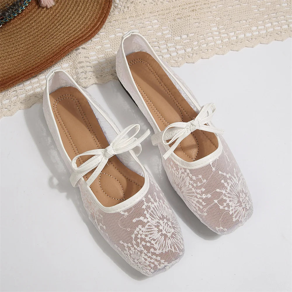 BigSize 43 Breathable White Lace Mary Jane Flats Women Comfy Walk Square Toe Casual Office Lady Ballet Flats Shoes Daily Wear