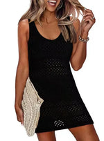 Summer Vest Beach Dresses Women Solid Color Hollow Out Knitted Beachwear Fashion Casual Lady Vacation Mini Dress Female 2025 New