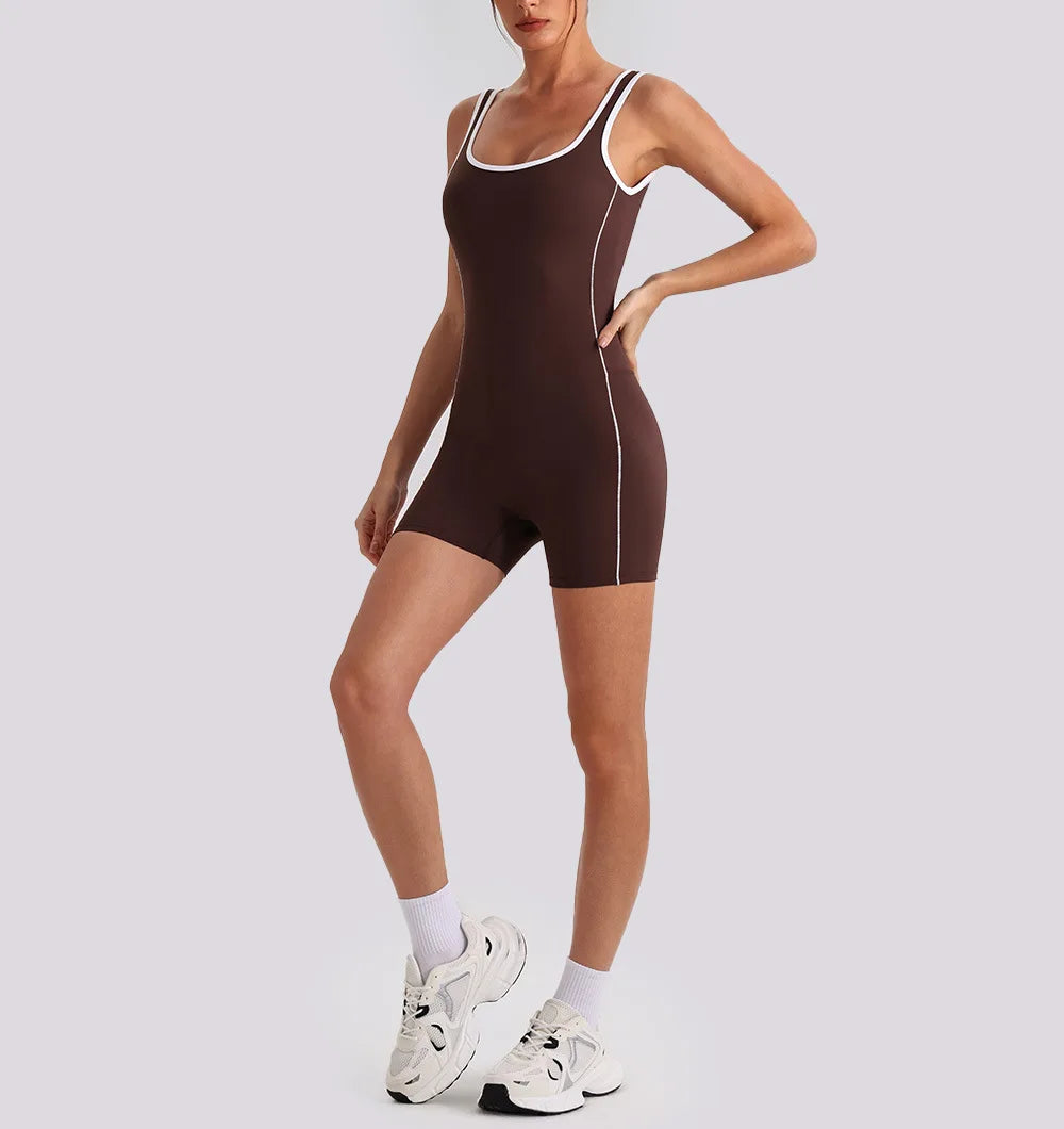 Sexy Sleeveless Backless Scrunch Yoga Jumpsuit Women Color-block U Neck Slim Sports One Piece Suits Tight Fitness Gym Overalls