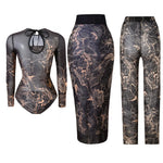 S - XXL 3PCS New Printed Long Sleeve With Pants Sarong Women Swimwear One Piece Swimsuit Female Bather Bathing Suit Swim V7180