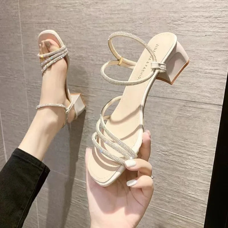 Fairy Style Rhinestone Thick Heel Sandals Women's Summer Versatile Square Head Skirt One Strap Two Wear Slip-On Shoes