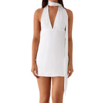 Women's Summer Satin Party Club Halter Dress Stylish Solid/Floral Print Deep V Neck Sleeveless Mini A-Line Dress with Scraf