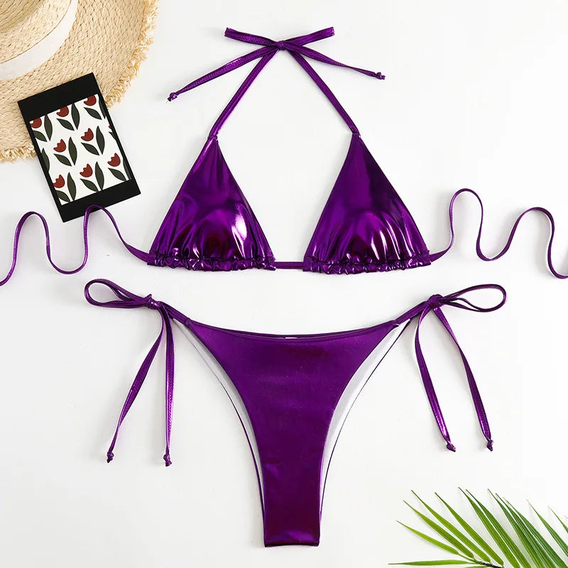 Sexy Red Shiny Triangle Micro Thong Bikinis Sets for Women Mini Swimwear Bathing Suits String Halter Bikini Mujer Swimsuit 2026