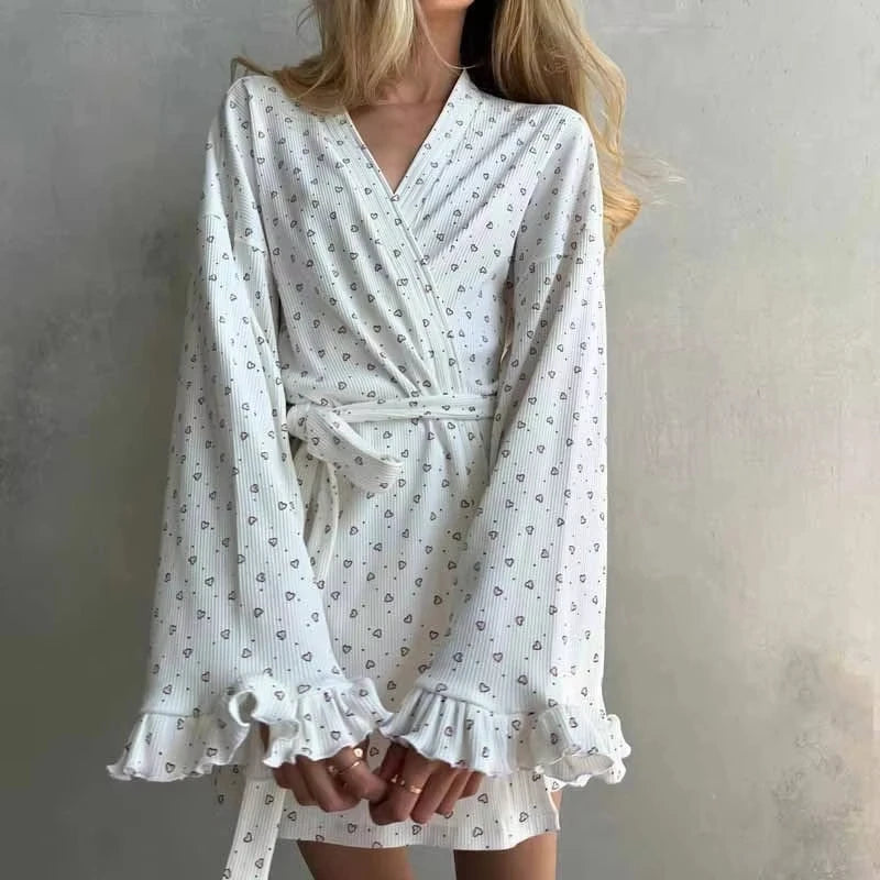New women's sleepwear sweet home clothes loose heart printed casual long sleeved lace autumn and winter lace up nightgown Y2K