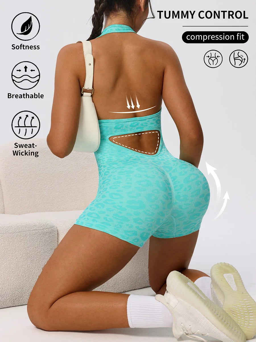 Trendy Sexy Leopard Women Jumpsuits Sport Yoga Clothes Rompers Sportswear Woman Gym Combi-pants Fitness Overalls Shorts Bodysuit
