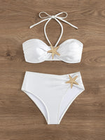 Sexy White Starfish Bikinis Sets 2025 Women Pleate Push Up High Waist Swimsuit Summer Bathing Suit Holiday Two Piece Swimwear