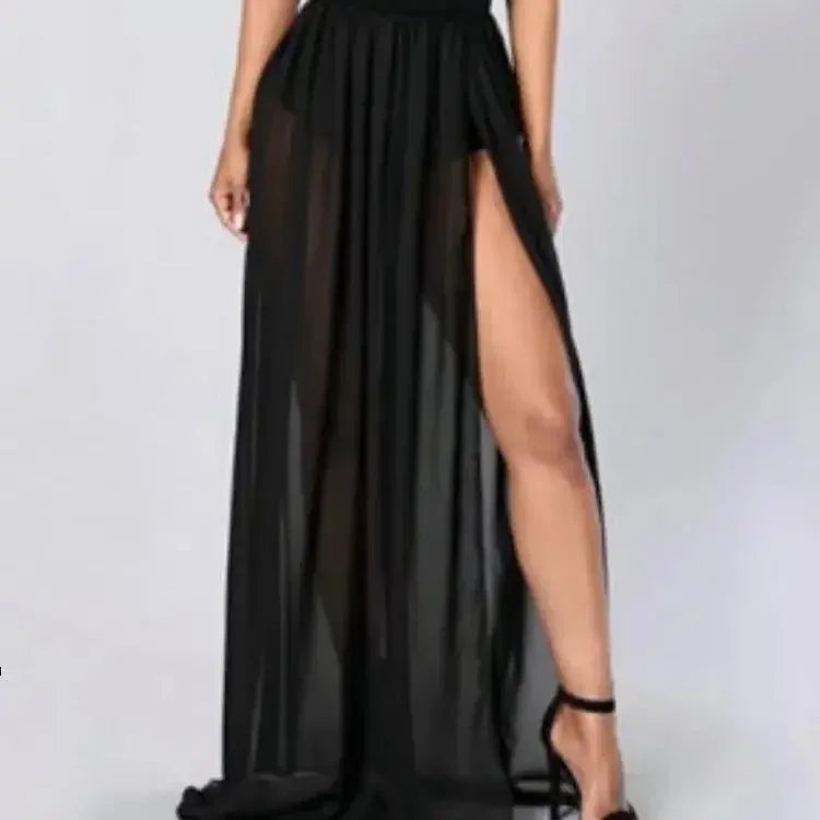 Womens Mesh Beach Wrap Skirt Bikini Cover-Ups High Waist See Through Slit Long Skirts Sexy Club Cover-ups