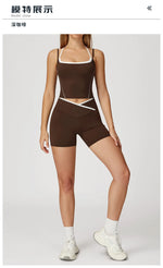Yoga Shorts Sets Fake Two Piece Hanging Neck Shockproof Vest High Waist Pants Fitness Suit Breathable Women's Tight Sports Set