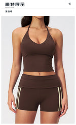 Color Blocked Yoga Suit 2 Pieces Women Slim Sports Tank Top High Waist Leggings Shorts Outfit Tight Outdoor Running Fitness Suit