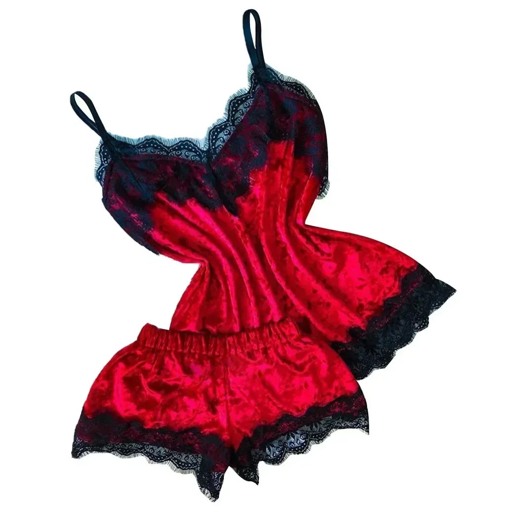 Summer Lace Sleepwear Sexy Satin Pajamas Set Women Nightshirt 2 Pieces Crop Tops and Shorts Set Homewear Loungewear