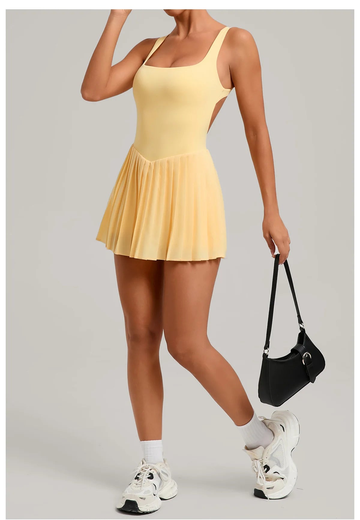 New Large Backless Tennis Dresses Women Solid Color Sleeveless Glare Pleated Yoga Skirt with Pocket Shorts Running Fitness Dress