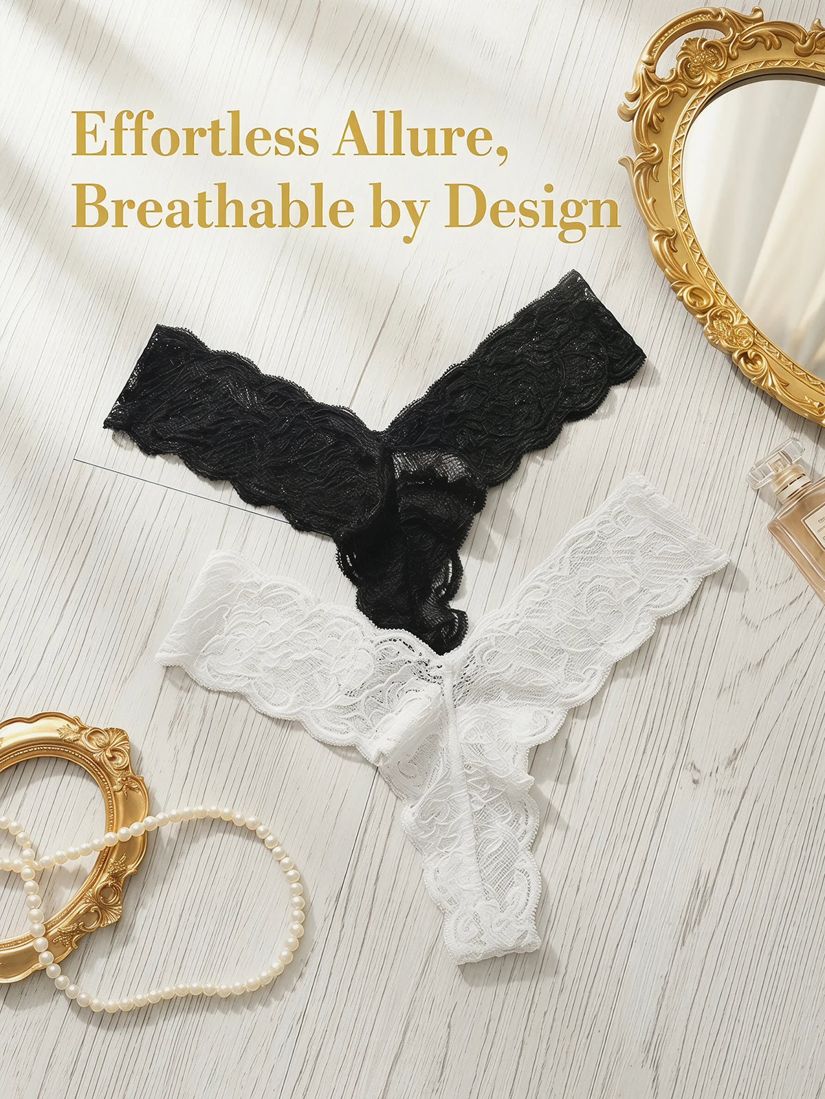 2 pcs Women Lace Thong Sexy G-string Floral Lace Vintage Elegant Understated Black White Sheer Low Rise Lingerie C915