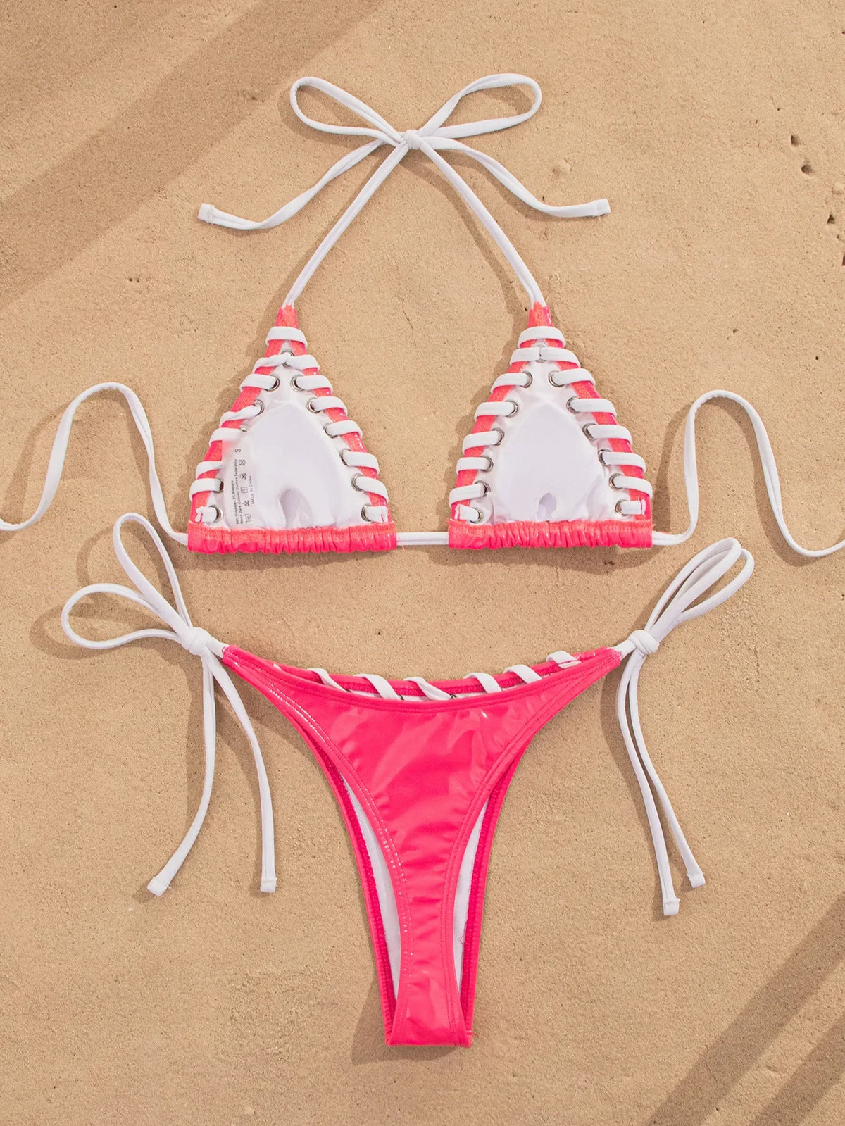 Sexy Pink Contrast Micro Bikini 2026 Mujer Women Braiding Rope Bandage Push Up Bra Triangle Swimsuit Beach Bathing Suit Swimwear