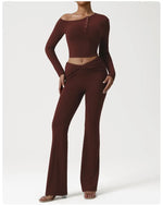 2 Pieces Women's Seamless Yoga Set Long-sleeved Shirt Flared-pants Tracksuit Running Fitness Sports Set Slim-fit High Waist Suit