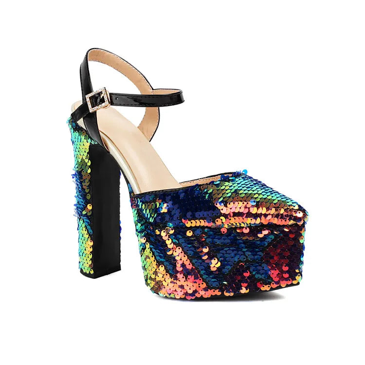 Women Platform Pointed Sandals 15.5CM/6Inch Summer Model Show Sequin Heels Europe and America Nightclub Party Large Size Shoes
