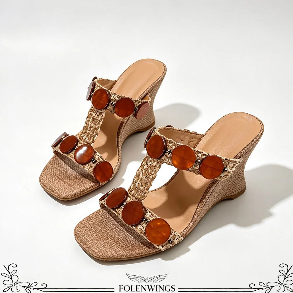 Boho Raffia Comfortable 8cm High Heels Wedge Slide Mules T-Strap Vacation Beach Straw Heels Espadrille Wedge Sandals Women Shoes