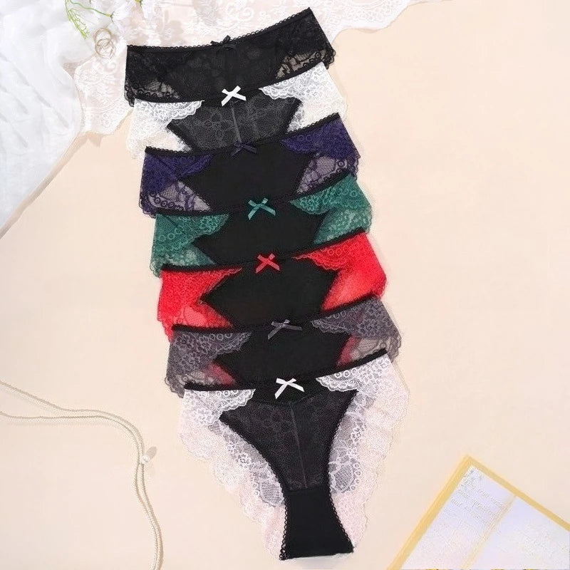 7pc/set Sexy Lace Bow Lady Briefs Floral Patchwork Panties Breathable Female Underpants Elegant Lingerie Women Panties Underwear