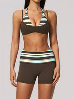 Breathable Striped Patchwork Yoga Clothing Women Fake Two-piece Sports Bra Folding High Waist Shorts Gym Running Fitness Suit