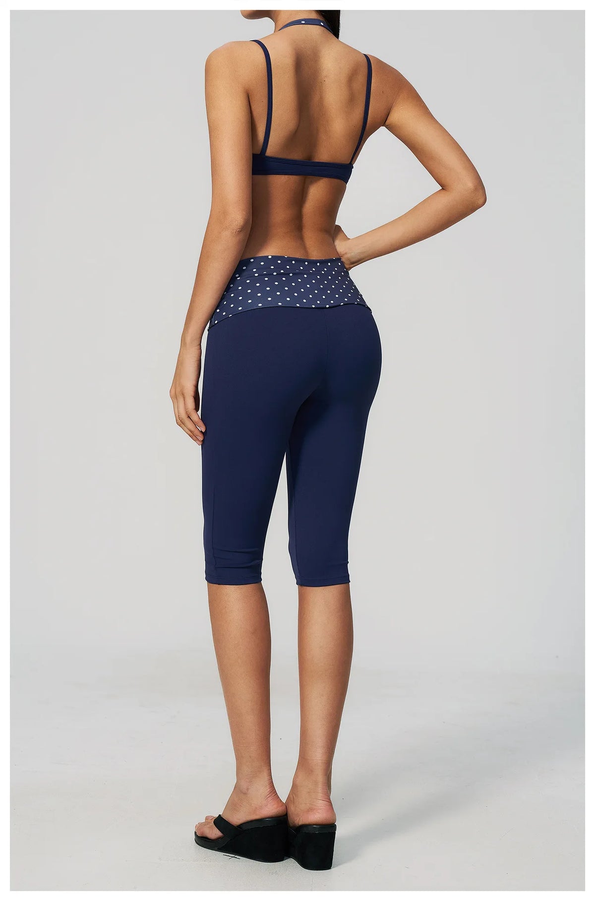 Summer Polka Dot Yoga Sets Women Hanging Neck Shockproof Sports Bra Fitness Suit Folding High Waist Mid Pants Gym Tracksuit