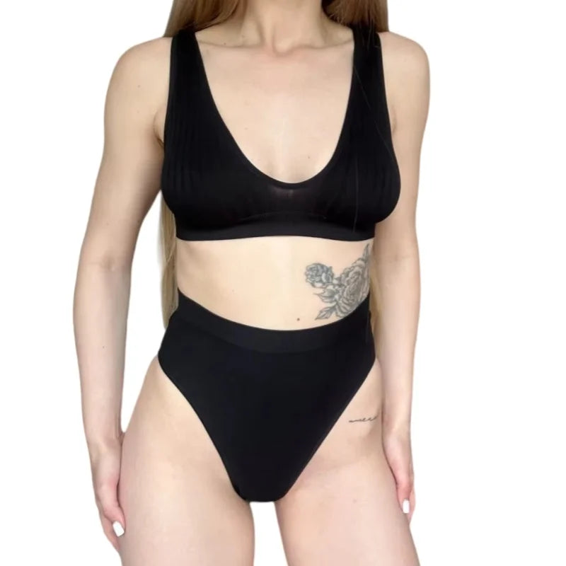 Women Ribbed V-Neck Unpadded Bra High Waist High Cut Briefs Set Wireless Bralette Soft Stretch Panties Sexy Lingerie Set S-L