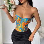 French Retro Jacquard Oil Sunflower Painting Vest Tank Top Women Off Shoulder Slim Fishbone Corset Back Criss Cross Club Tops