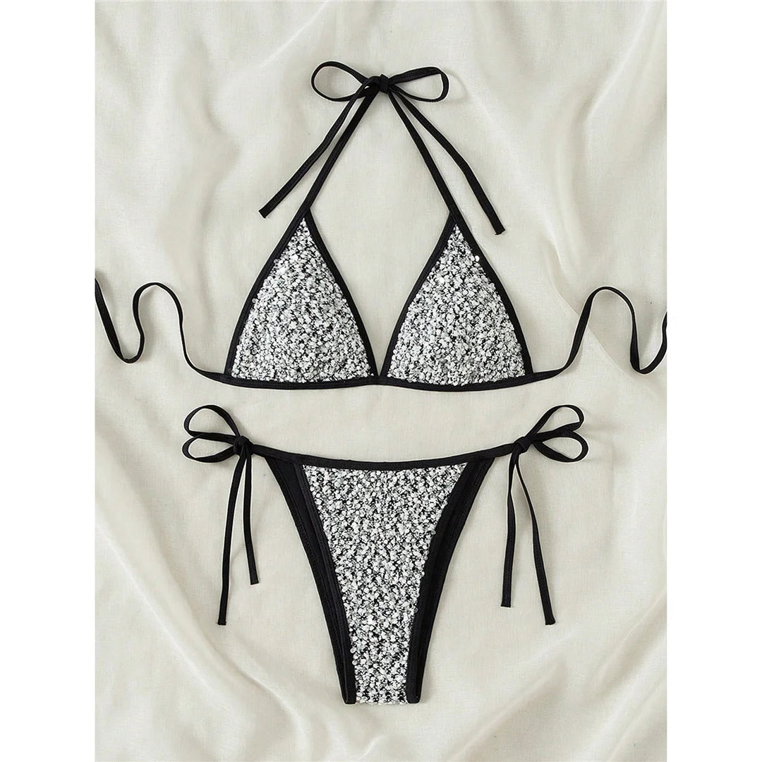 S - XL Shiny Sparkling Halter Bikini Women Swimwear Female Swimsuit Two-Pieces Bikini Set Strappy Bather Bathing Suit Swim V7523