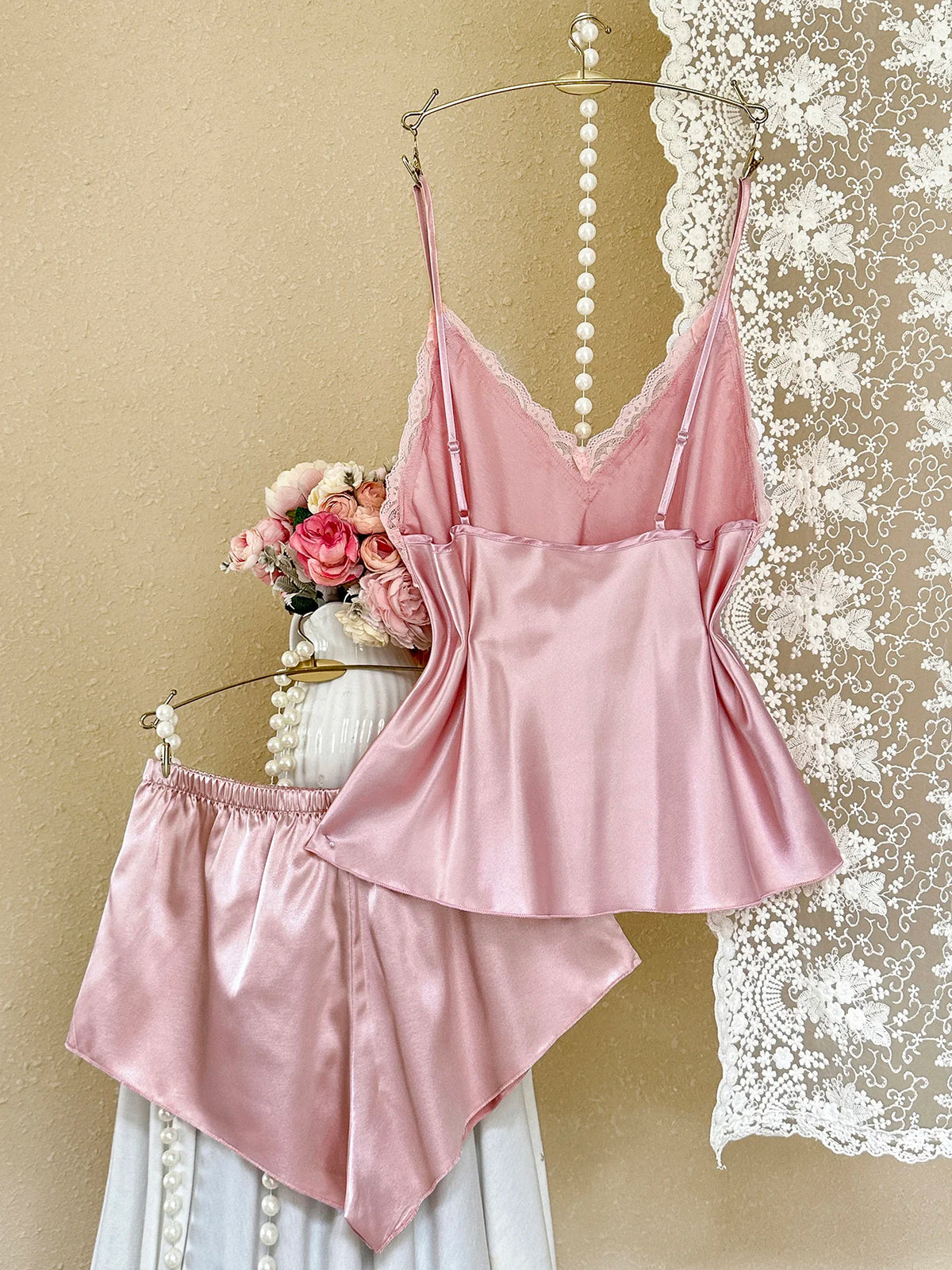Women's 2 Piece Satin Pajama Set Pink Lace Trim V-Neck Cami Top and Shorts Elegant Sexy Sleepwear Solid Loungewear for Summer