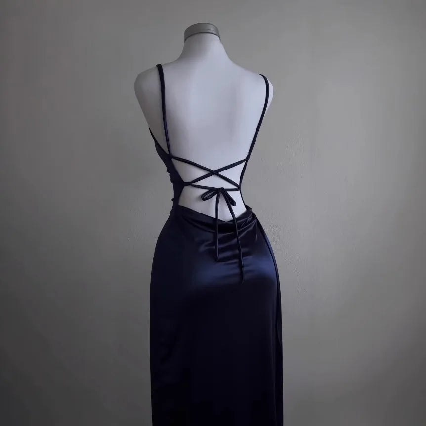 Y2k Hot Girls Pleated Spaghetti Strap Dresses Women Solid Color Sexy Backless Package Hip Slim Slit Long Dress Female Streetwear