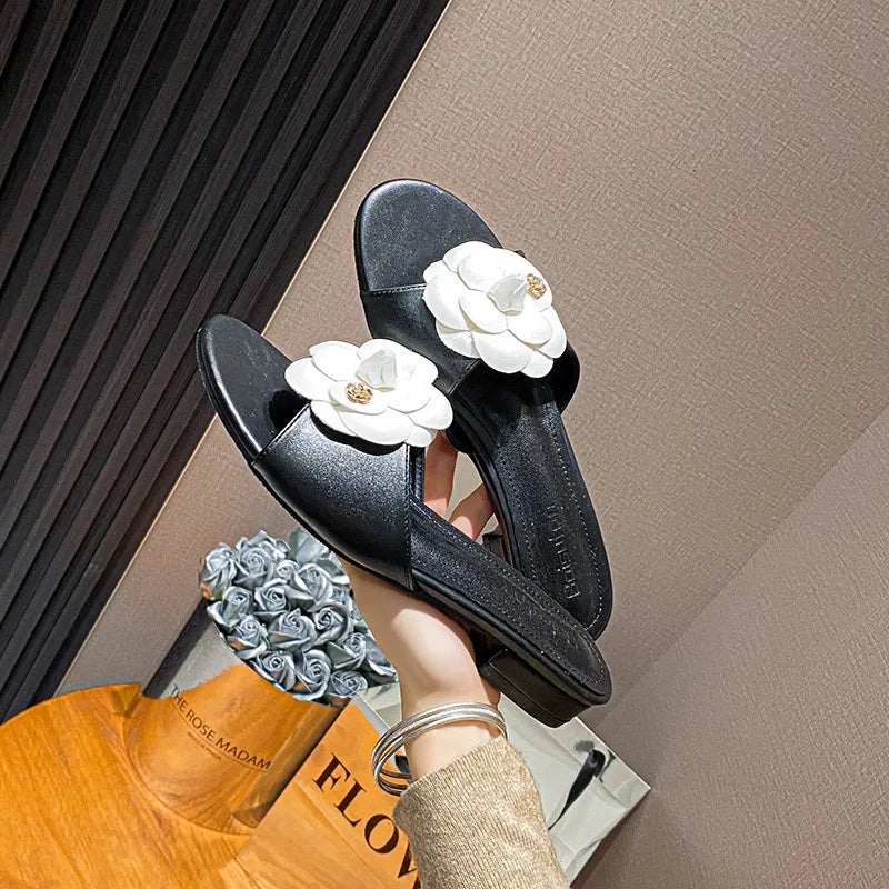 High End Luxury Flower Slippers Women Camellia Shoes Open Toe Slides Femme Outside&Home Pantuflas Sandals Ladies Flip Flops