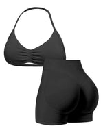 Sexy Black Polka Dot Print Seamless Yoga Sets Women Hanging Neck Pleate Sports Bra Tight High Waist Short Running Fitness Suits