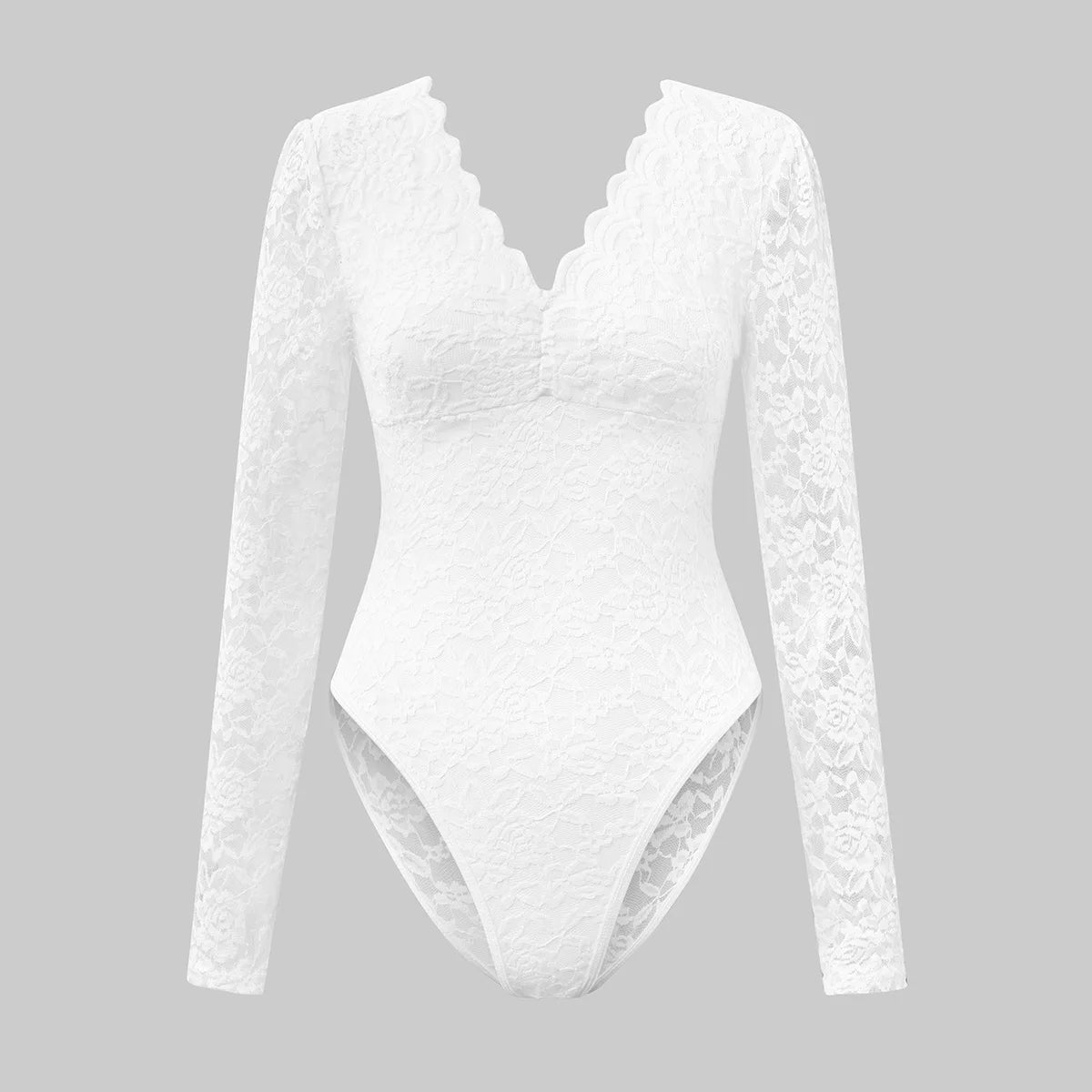 Sexy White Lace Bodysuit Women Solid Color Long Sleeve Sheer Corset Top Autumn Ruffles V Neck See Thourgh Slim Fit Jumpsuit