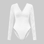 Sexy White Lace Bodysuit Women Solid Color Long Sleeve Sheer Corset Top Autumn Ruffles V Neck See Thourgh Slim Fit Jumpsuit