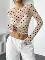 Womens Polka Dots Long Sleeve Mesh Tops Sexy See Through Sheer Blouses Shirts Going Out Crop Top Y2K Date Night Club Party Tops