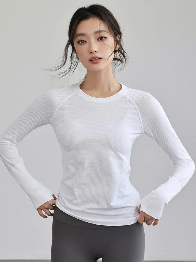 Women's Autumn & Winter Yoga Comprehensive Training Top High-Elastic Slim Crew Neck Quick-Dry Sports Long-Sleeve Fitness Clothes
