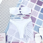 Wrap Around with Mesh Sarong Skirt Bikini Female Swimsuit Women Swimwear Three-pieces Bikini Set Beachwear Bathing Suit Swim