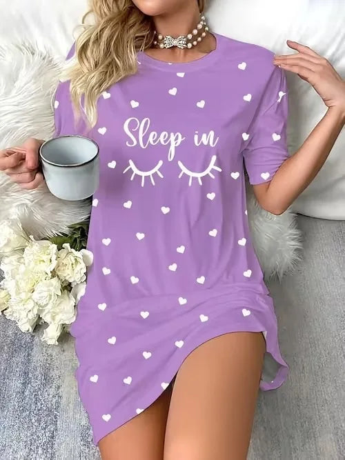 Women's Nightgown Casual Print Nightshirt Polka Dot Short Round-Neck Sleeve Loose Sleepwear Nightdress Summer Pajama