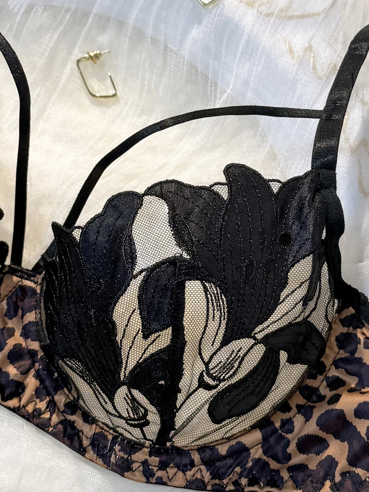 Floral Embroidery Leopard Print Lingerie Set Women Sheer Mesh Underwire Bra And Thong Sexy Underwear ZA825183