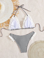 Cute Pink Plaid Print Micro Bikini 2026 Women Ruffles Lace Patchwork Push Up High Waist Swimsuit Bathing Suit Holiday Swimwear