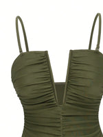 Vintage Green V Neck Pleate One Piece Swimsuit Long Skirt Sets 2026 Women Holiday Tummy Control Bathing Suit Swimwear Monokini