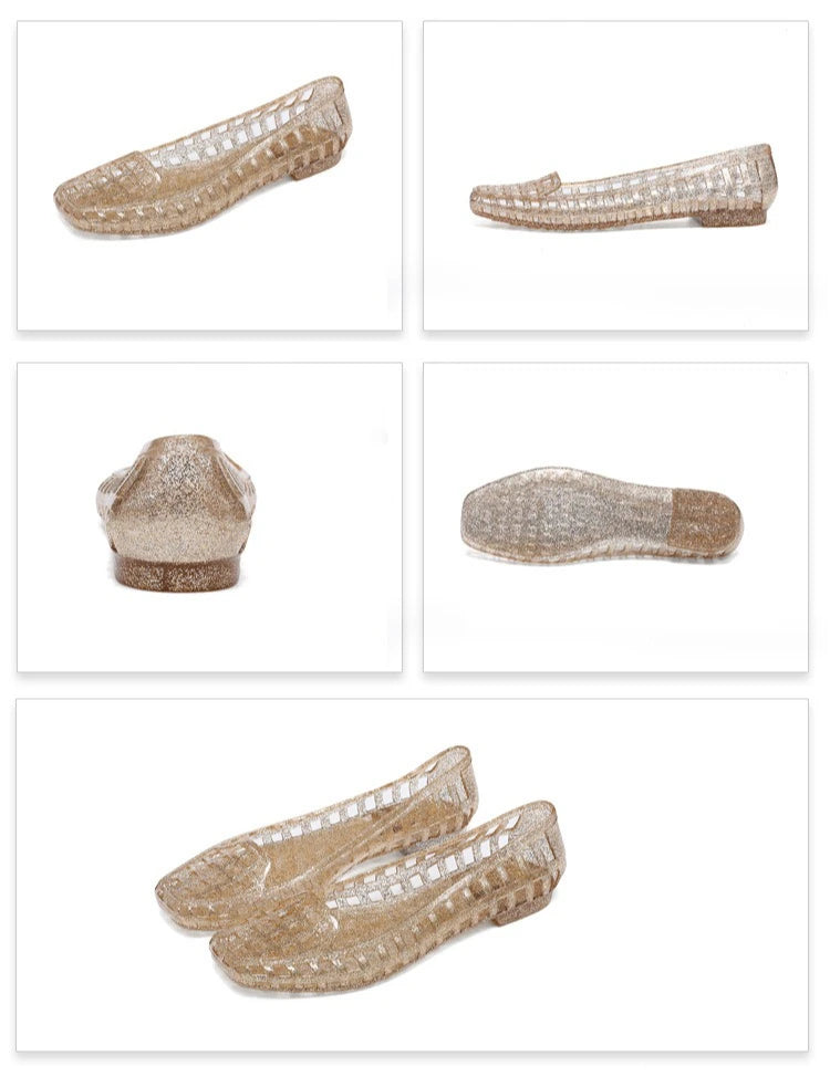 New 2025 Women Fashion Jelly Shoes Summer Cut-out Flat Sandals, Soft PVC Casual Square Toe Girls Daily Walking Sandalias