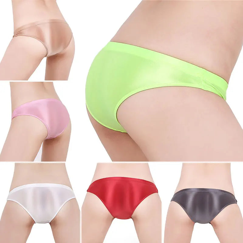 See Through Low Waist Briefs Silky Shiny Satin Panties Sexy Underwear Erotic Lingerie Women's Ultra-Thin Oily Glossy Underpants