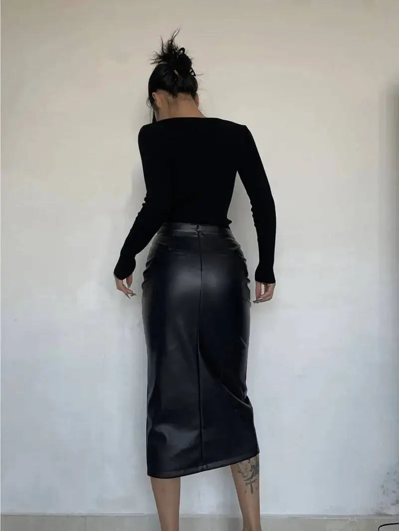 Sexy One Step Split PU Leather Half Skirt For Women's New High Waisted Slim Streetwear Black PU Fashion Womne Mini DressYTM8