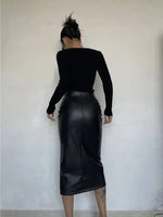 Sexy One Step Split PU Leather Half Skirt For Women's New High Waisted Slim Streetwear Black PU Fashion Womne Mini DressYTM8