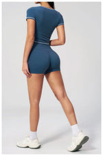 Speed Drying Tight Yoga Sets Women Color Contrast Short Sleeve Slim Sports Top High Waist Leggings Running Fitness Athletic Wear