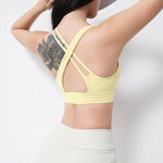 Women Fixed Integrated Cup Sports Bra U Neck Criss Cross Back Hook Closure Wirefree Shockproof Breathable Yoga Running Workout C